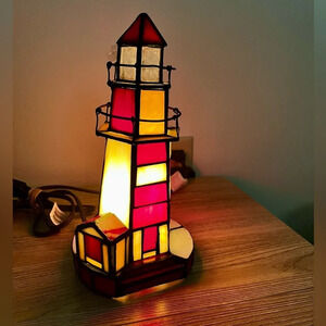 Vintage Stained Glass Lighthouse Night Light Tabletop Tiffany Style